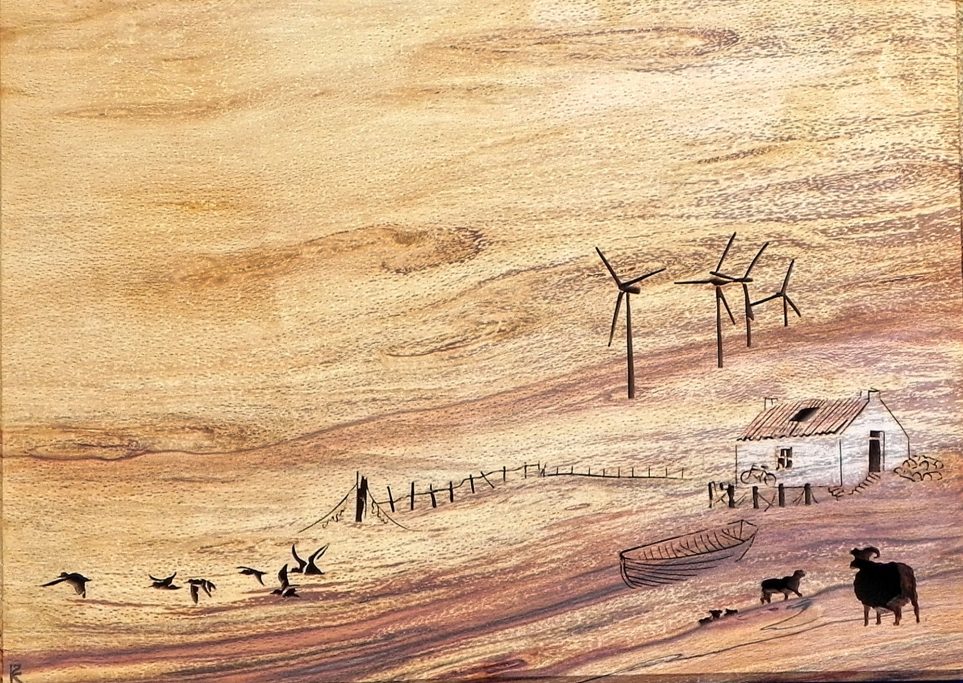 A rural landscape with wind turbines, a farmhouse, and grazing animals.