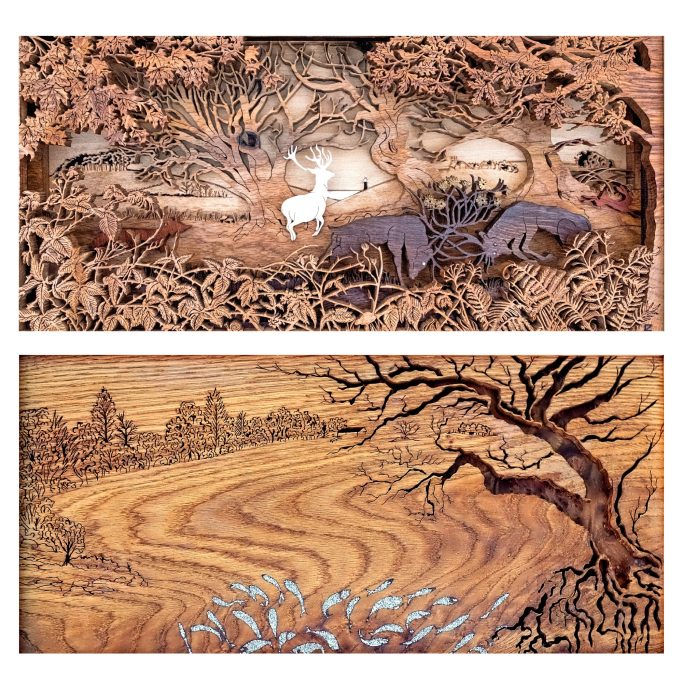 Wooden relief featuring a serene landscape with deer, trees, and rolling fields.