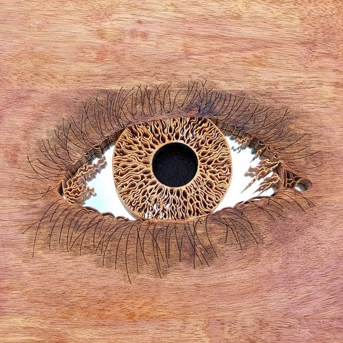 Detailed close-up of a textured human eye with intricate patterns and a black pupil. cut from wood