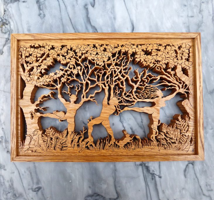 Abstract tree people design cut from oak