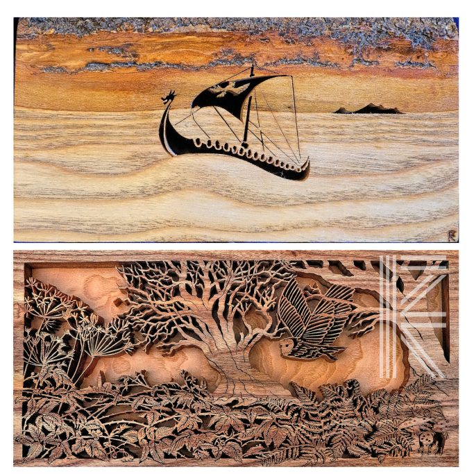 A pair of wooden pictures  depicting a sailing ship and a forest scene with an owl