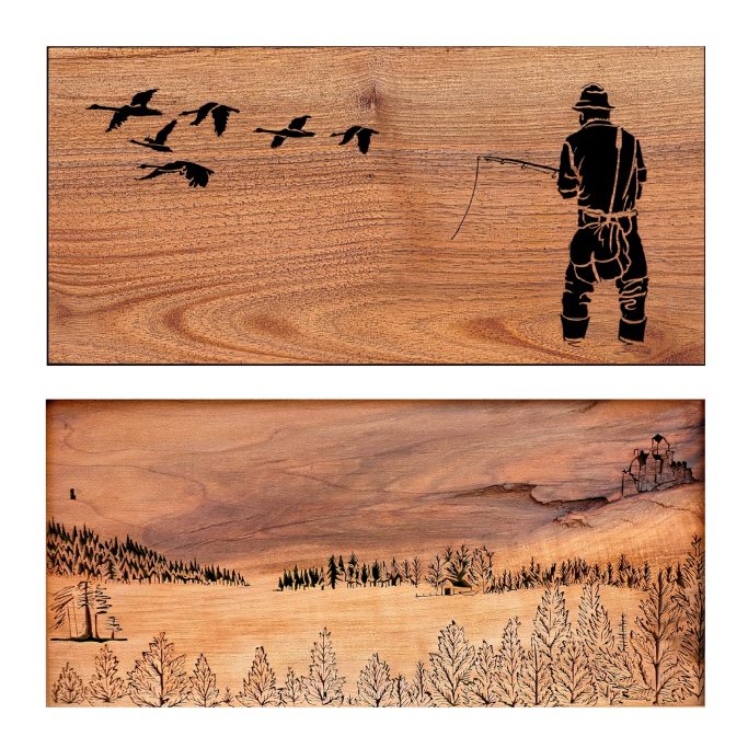 Wooden panel depicting a hunter with flying birds and a scenic landscape below.