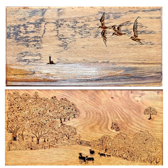 Hand cut wooden pictures featuring a coastal scene with flying birds and a pastoral landscape.
