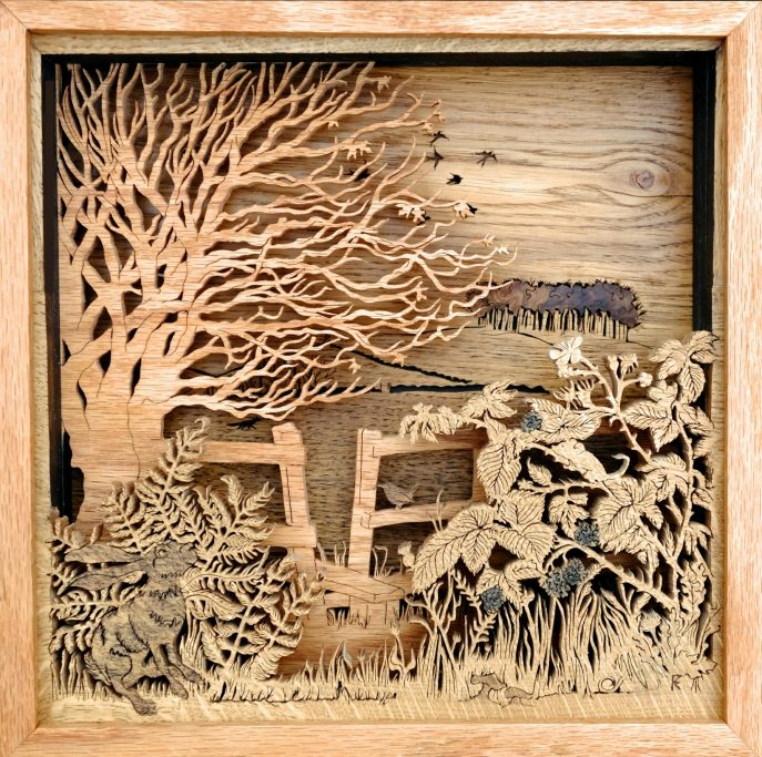 Landscape wooden artworks intricately carved and layered