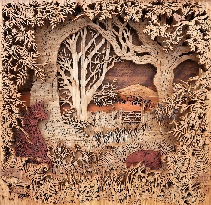 Intricate wood carving depicting a forest scene with trees, animals, and a sunset backdrop.