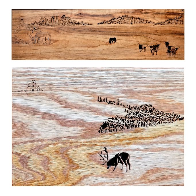 Landscape wooden artworks depicting cattle grazing over abstract terrain with earthy tones.