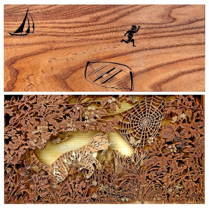Two wood pieces: one features a sailing scene, the other intricate brambley undergrowth carving with many creatures