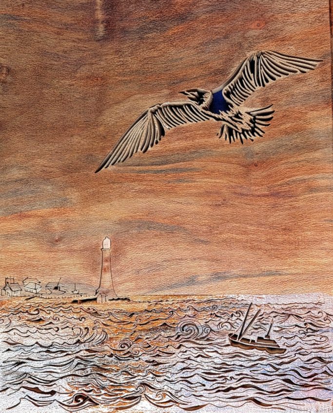 A bird flies over a shimmering sea at sunset, with a lighthouse in the background. Wood grain picture