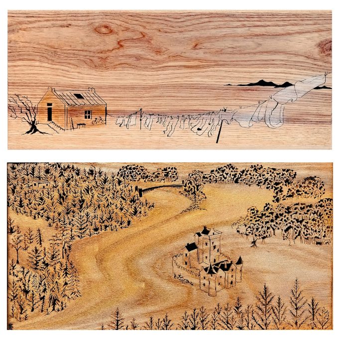 A wooden landscape featuring a farmhouse and a winding river through trees.