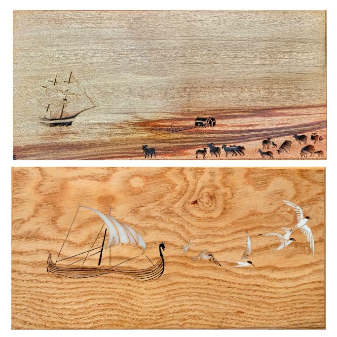 Two wooden panels featuring engraved scenes: a ship at sea above and a vessel with birds below.